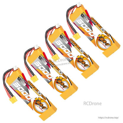 Four GAONENG BA-1 LiPo batteries shown at an angle, highlighting labels and XT60 leads