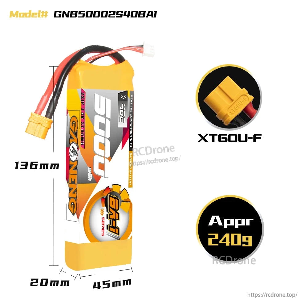 Battery dimensions diagram: model GNB50002540BA1, 136×45×20mm, XT60U-F, approx 240g
