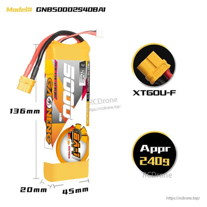 Battery dimensions diagram: model GNB50002540BA1, 136×45×20mm, XT60U-F, approx 240g