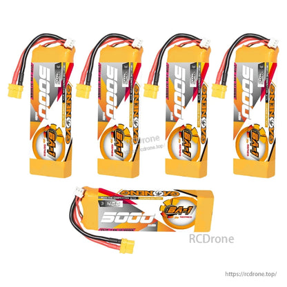 Five BA-1 series LiPo batteries shown (four standing, one horizontal) for display comparison