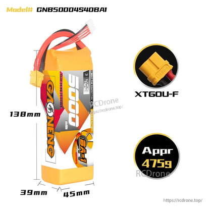 Battery dimensions diagram with XT60U-F connector detail and approx weight 475 g callout