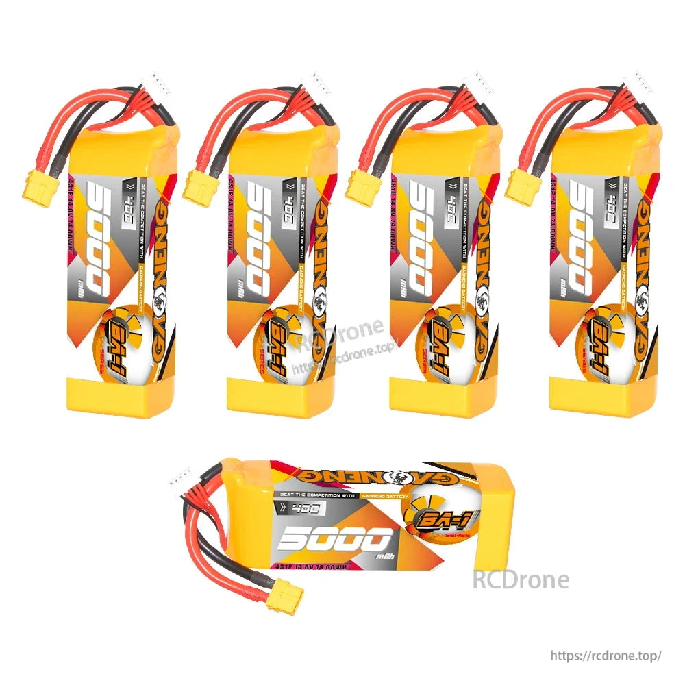 Five batteries shown: four standing and one horizontal, highlighting BA-1 label and XT60