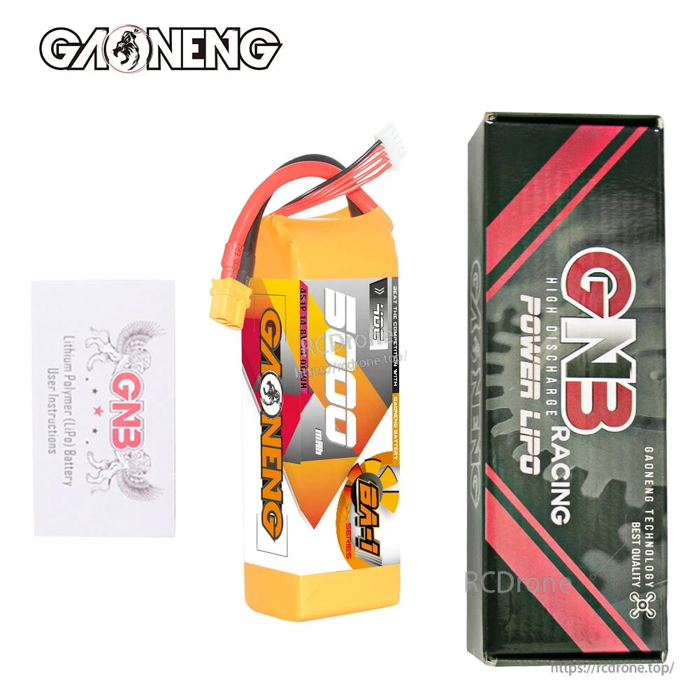 Package contents: GAONENG 5000mAh battery, GNB retail box, and instruction card