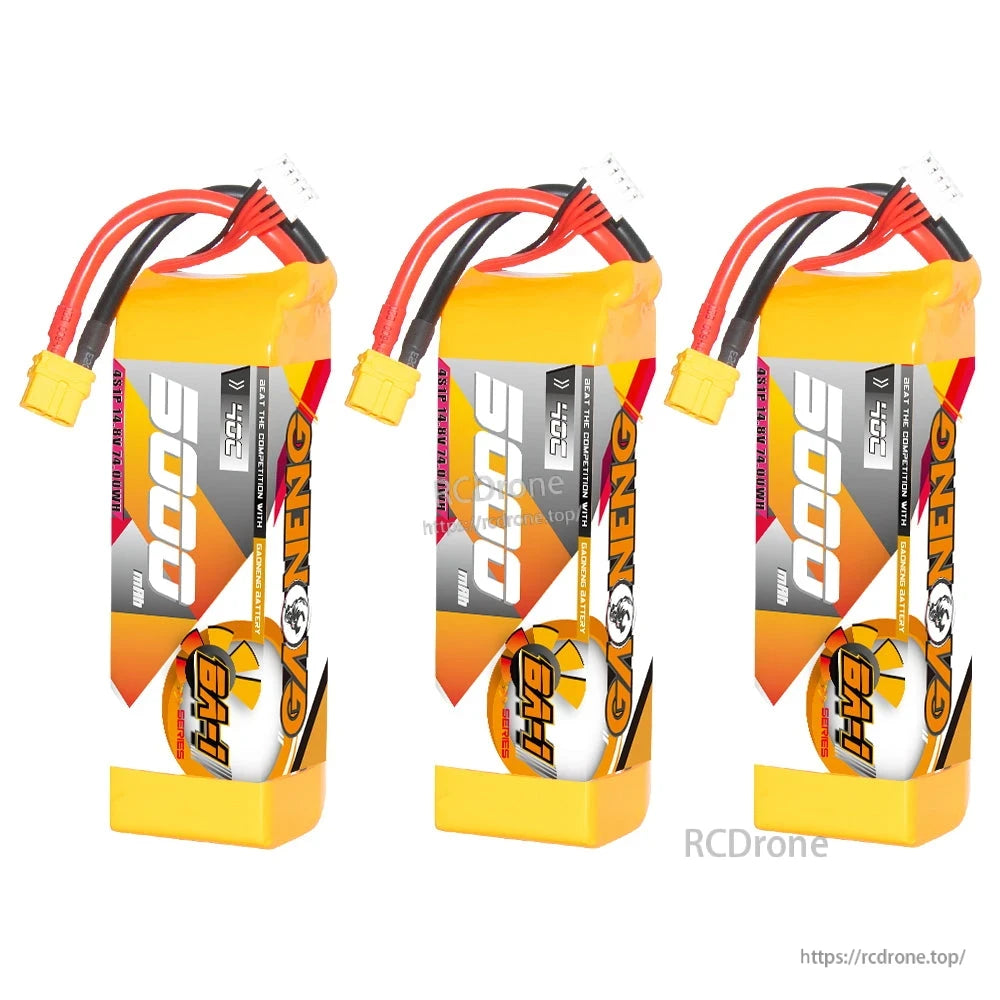 Three-pack display of GAONENG 5000mAh BA-1 batteries with XT60 connectors