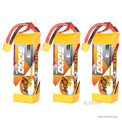 Three-pack display of GAONENG 5000mAh BA-1 batteries with XT60 connectors