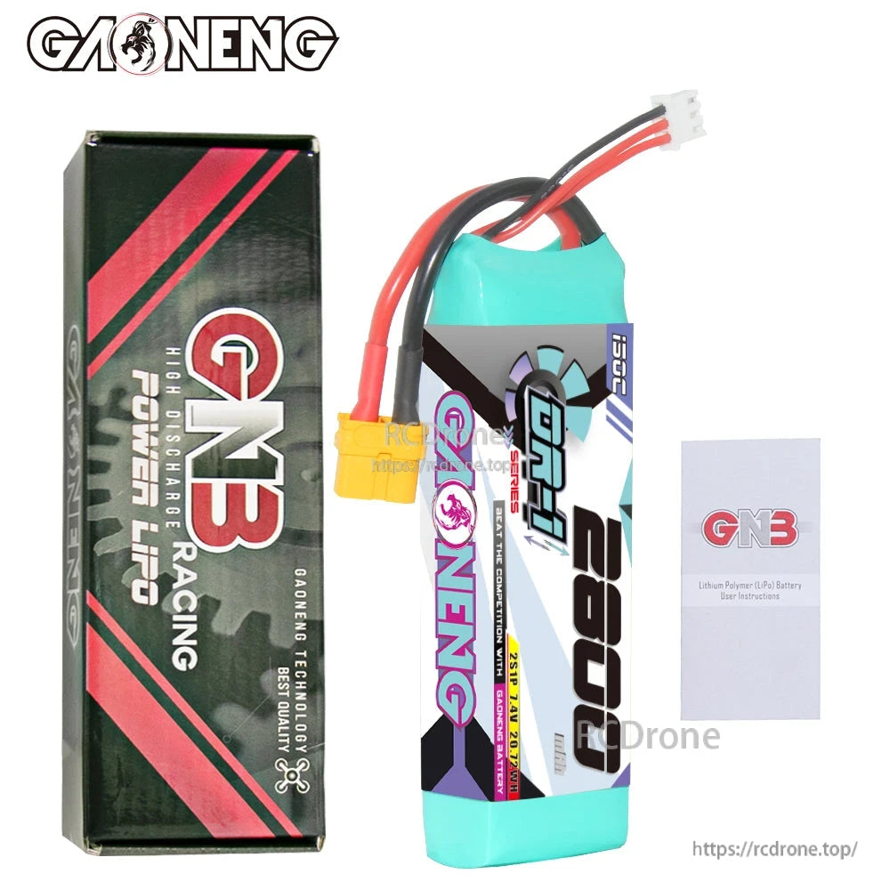 Package contents: GNB Racing LiPo box, GAONENG 2800 battery with XT60 plug, and instruction card