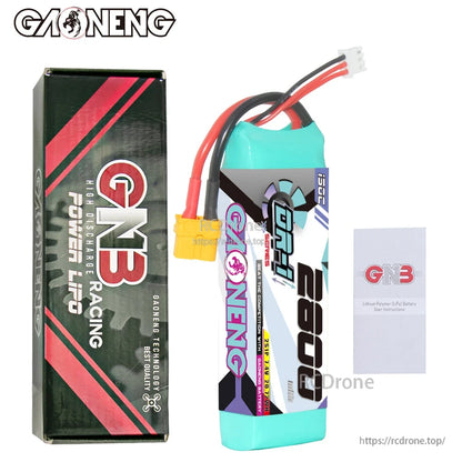 Package contents: GNB Racing LiPo box, GAONENG 2800 battery with XT60 plug, and instruction card