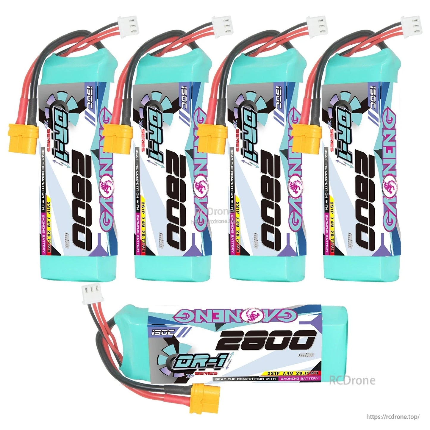 Five GAONENG 2800 batteries shown, four upright and one horizontal with XT60 connector