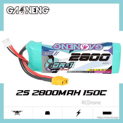 GAONENG GNB DR-1 2S 2800mAh 150C battery graphic showing pack and printed specs text