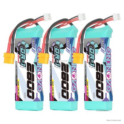 Three GAONENG 2800 batteries shown together with XT60 connectors and balance leads