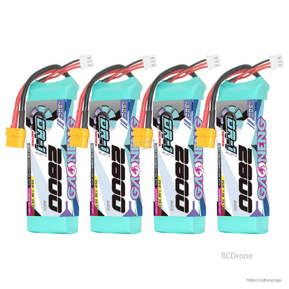 Four GAONENG 2800 batteries lineup with XT60 connectors and balance leads