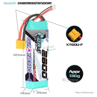 Battery size and weight diagram: 105mm length, 34mm width, 19mm thickness, approx 136g, XT60U-F plug