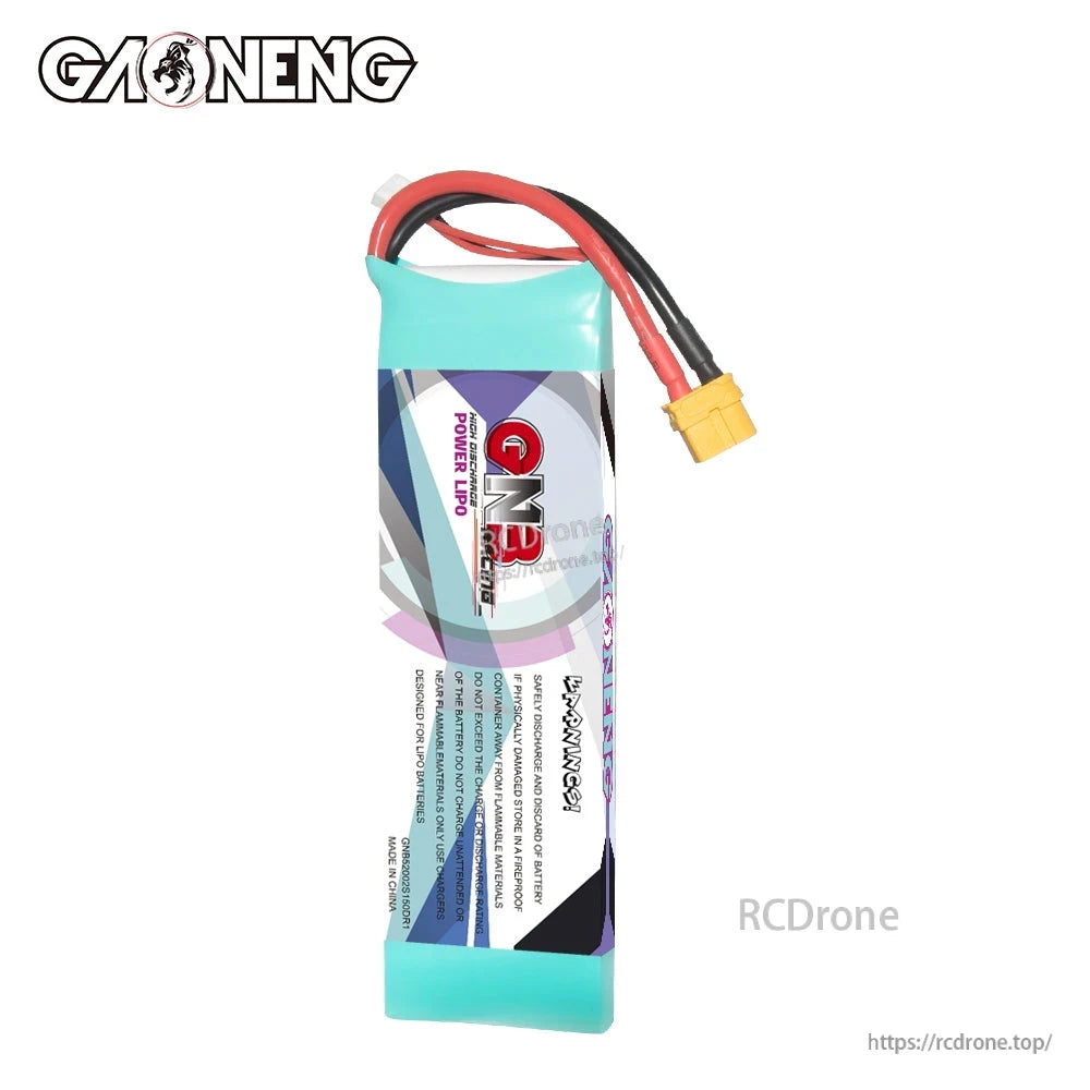 Rear label side view of GAONENG GNB DR-1 battery with safety text and XT60 lead