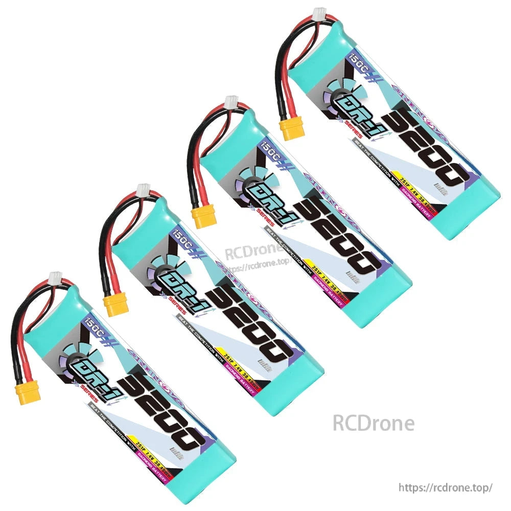Four GNB DR-1 batteries displayed in a diagonal arrangement with XT60 connectors