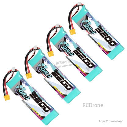 Four GNB DR-1 batteries displayed in a diagonal arrangement with XT60 connectors