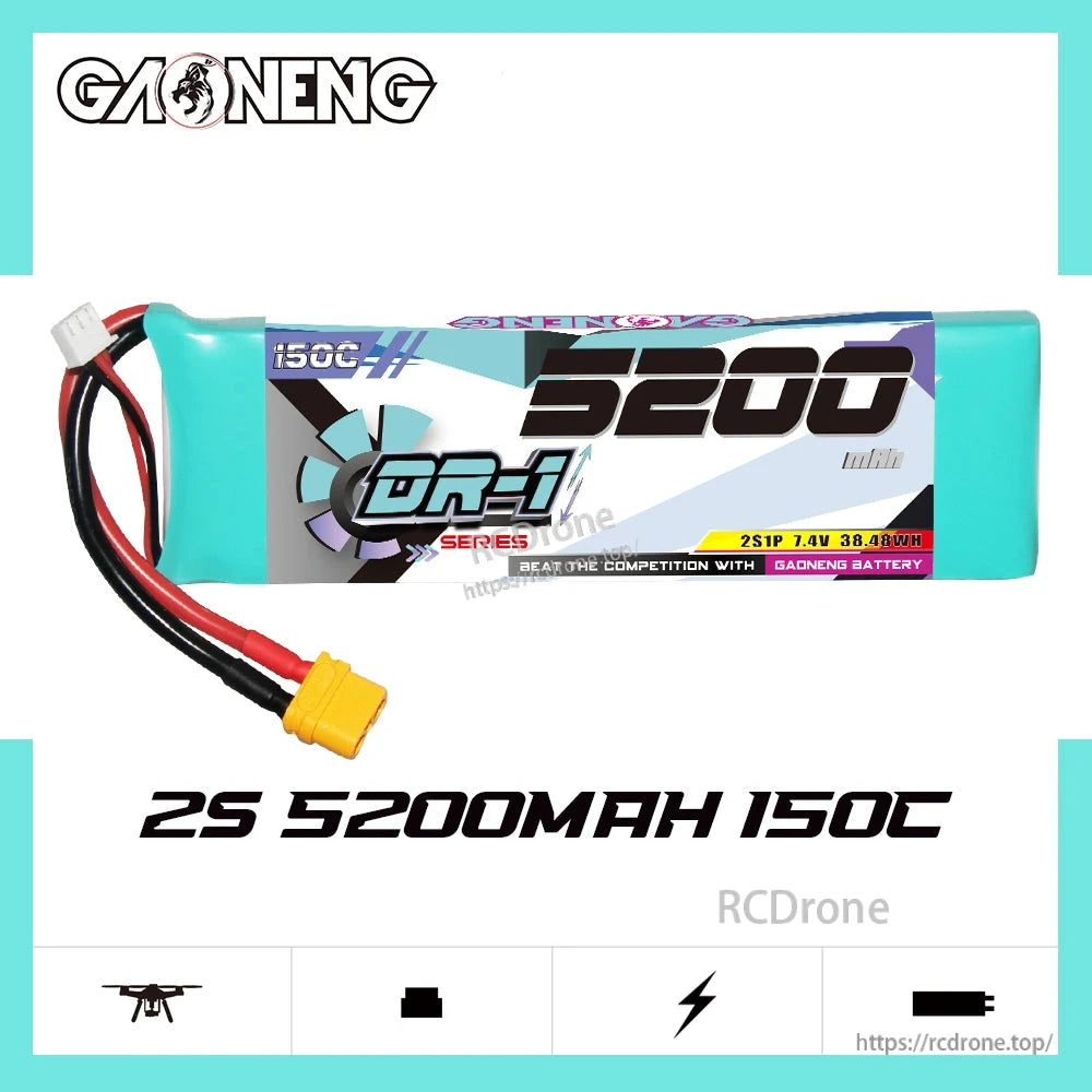 GAONENG GNB DR-1 2S 5200mAh 150C battery graphic banner, product shown on white background