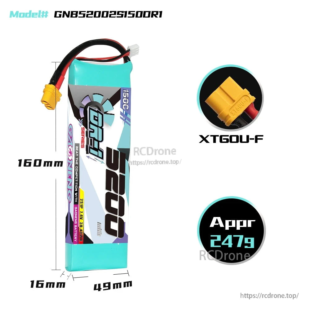 Battery size and weight diagram: 160mm length, 49mm width, 16mm thickness; approx 247g; XT60U-F