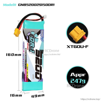 Battery size and weight diagram: 160mm length, 49mm width, 16mm thickness; approx 247g; XT60U-F