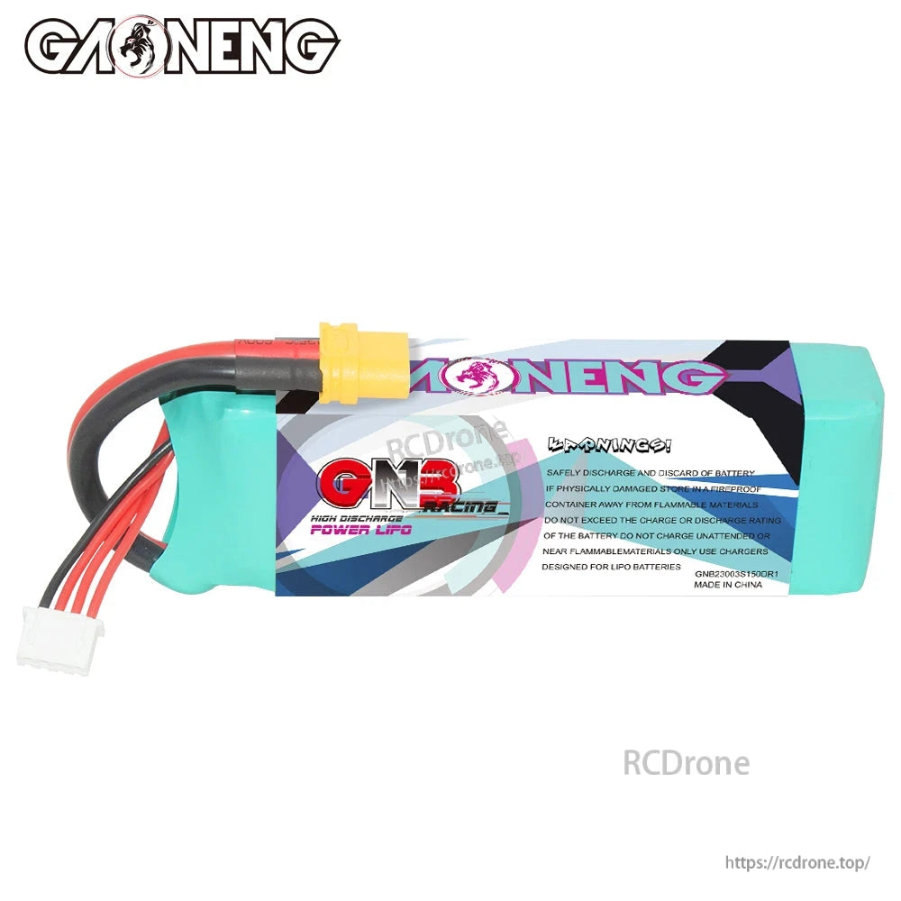 Rear label view with safety warning text on GNB LiPo pack; wires and XT60 connector visible