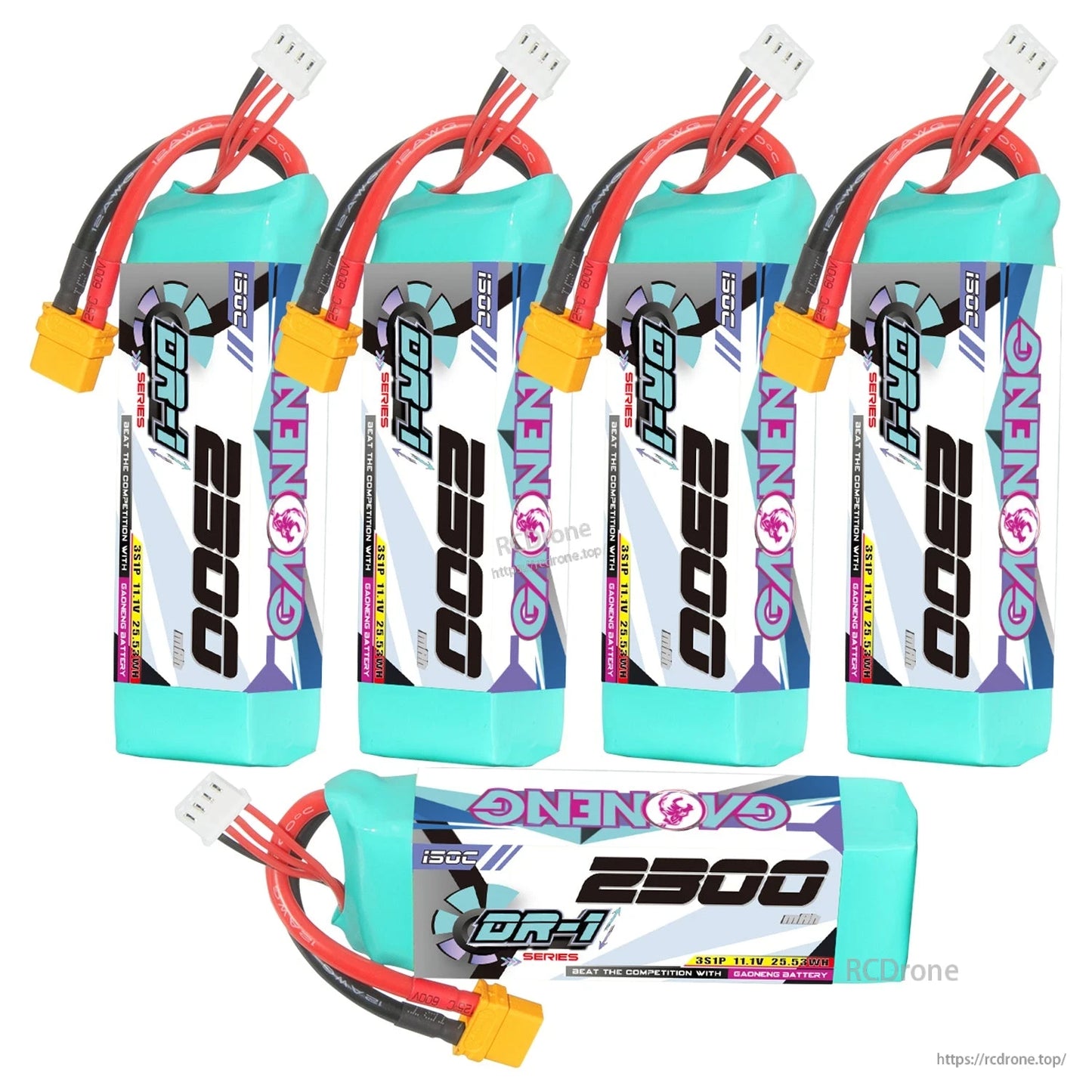 Bundle image showing five GNB battery packs, one laid flat and four standing