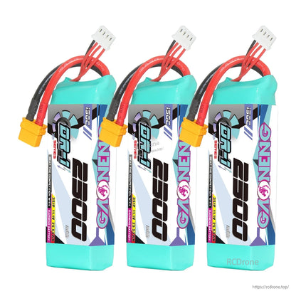 Three-pack display of GNB 2300 battery packs with XT60 connectors and balance leads
