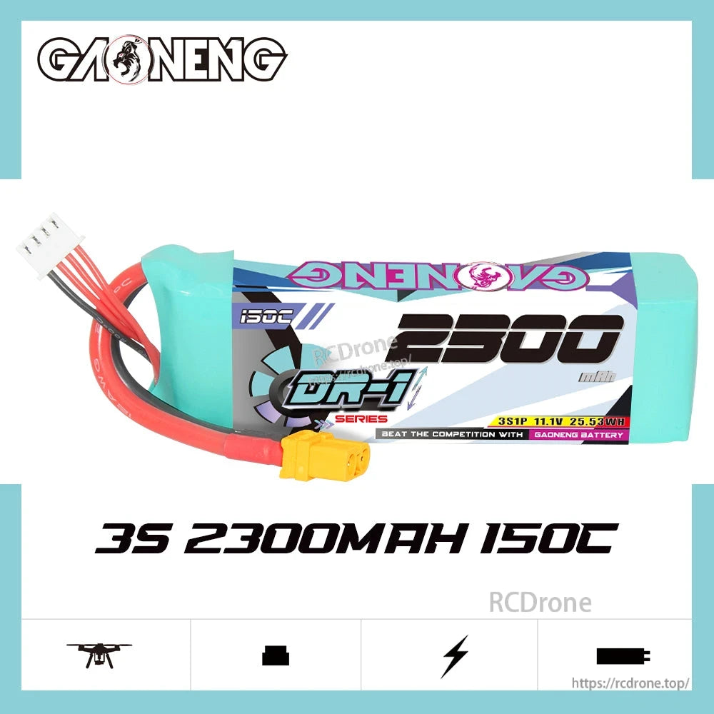 GAONENG GNB DR-1 3S 2300mAh 150C LiPo battery side profile with XT60 and balance lead