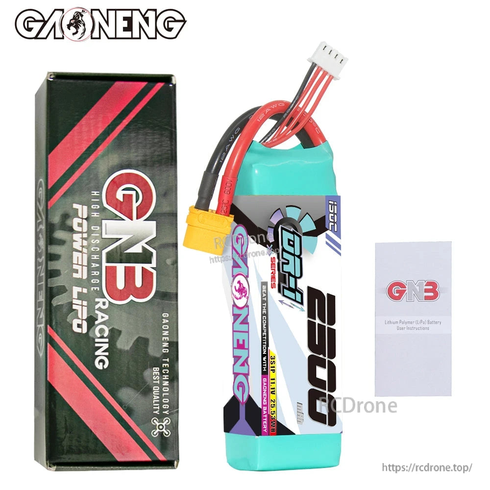Package contents: GNB Racing LiPo box, 3S battery pack, and instruction leaflet