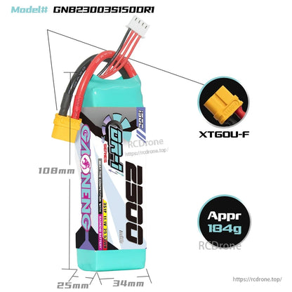 Battery dimensions diagram showing 108mm length and approx. 164g weight, XT60U-F connector shown