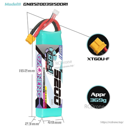 Battery dimension diagram with XT60U-F plug close-up and approx weight 359g