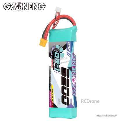 Standing side view of the GNB 5200 LiPo pack with wires and XT60 connector