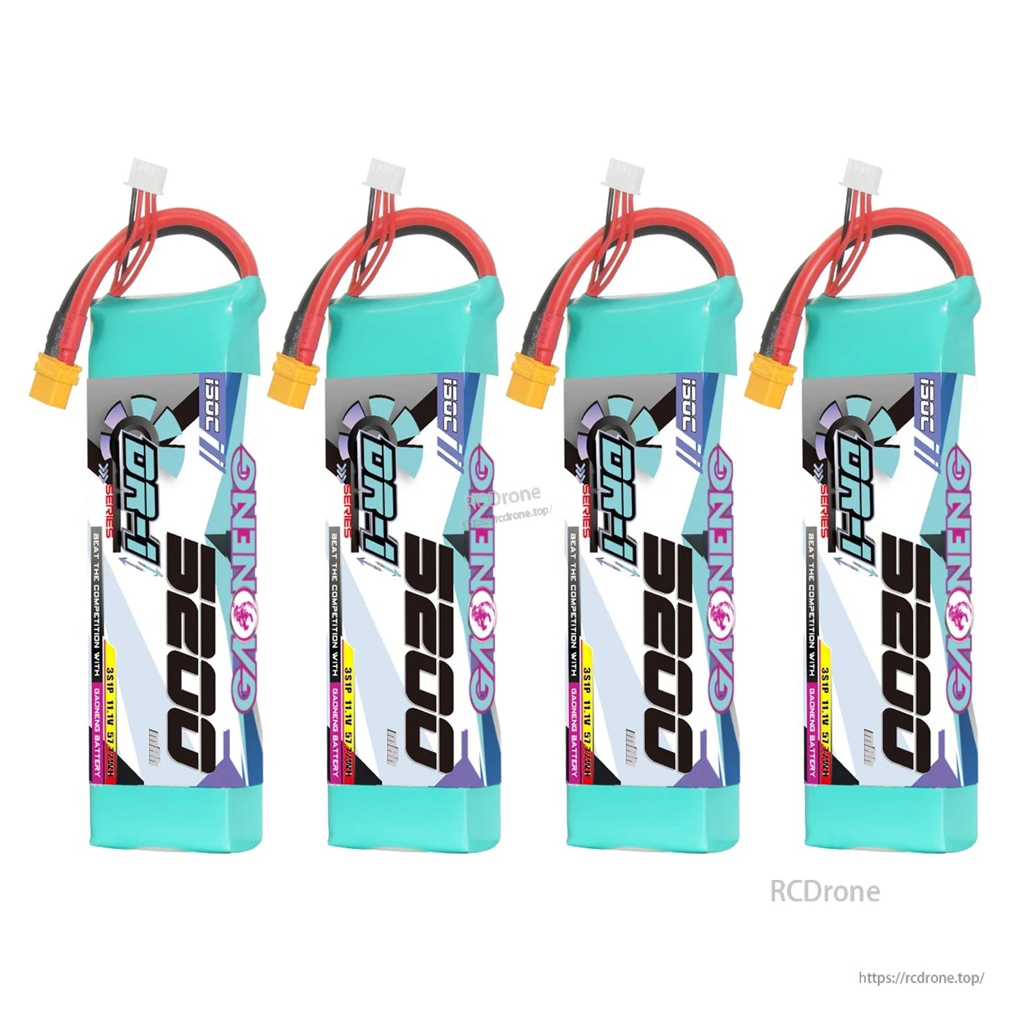 Four GNB 5200 batteries shown upright in a row, connector leads on top