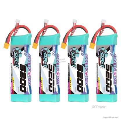 Four GNB 5200 batteries shown upright in a row, connector leads on top