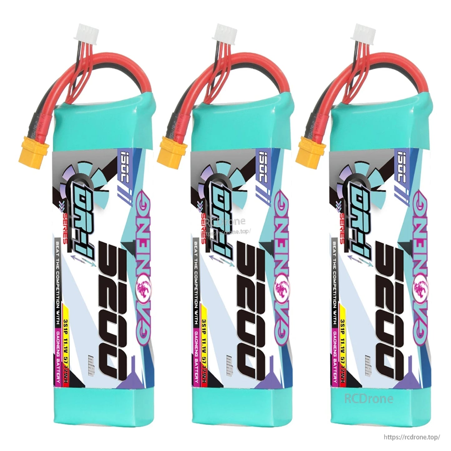 Three-pack layout of GNB 5200 DR-1 batteries, front label view