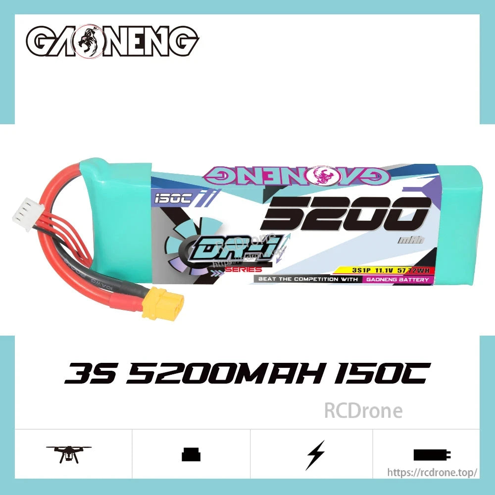 GAONENG GNB DR-1 battery graphic showing 3S 5200mAh 150C rating