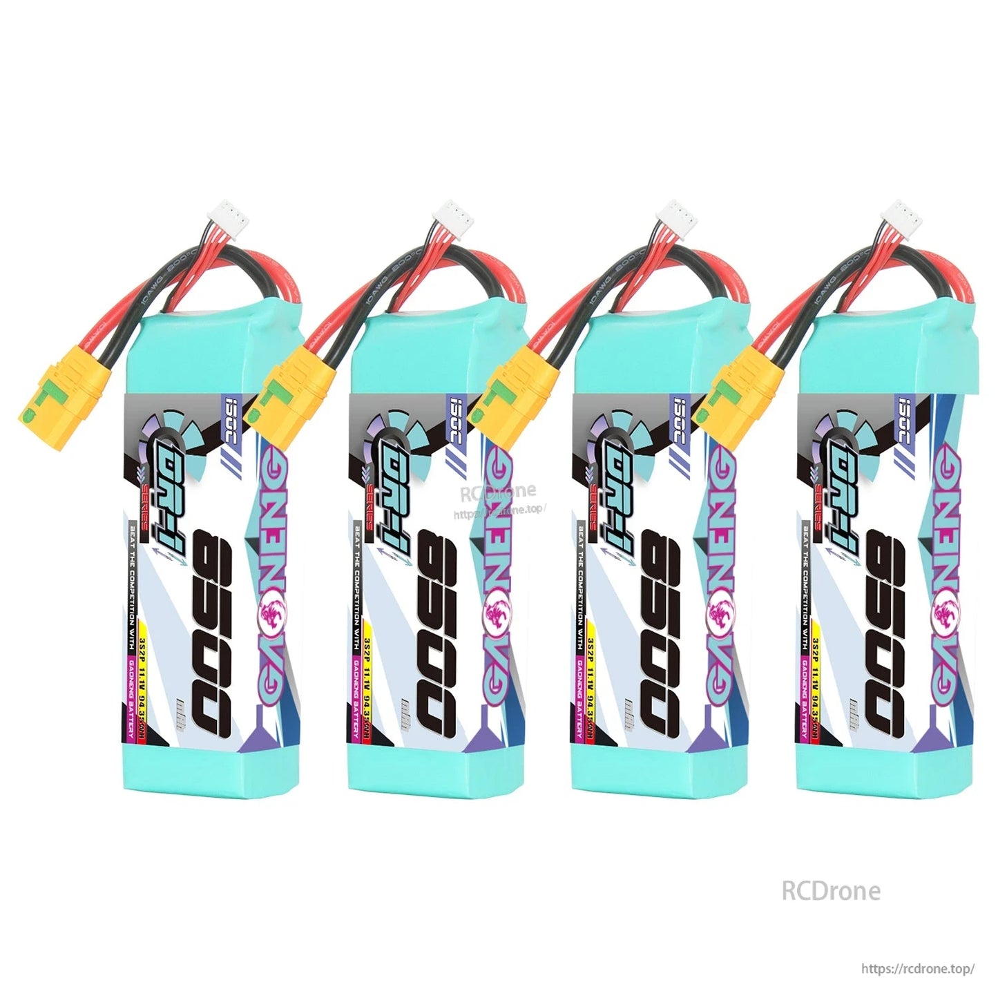 Four-pack group photo of GAONENG GNB 8500 3S LiPo batteries with XT90S anti-spark connectors