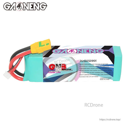 Rear label view with safety warning text on GAONENG GNB LiPo pack and XT90S anti-spark connector