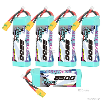 Five batteries shown together: four standing and one horizontal GAONENG GNB 8500 3S LiPo pack
