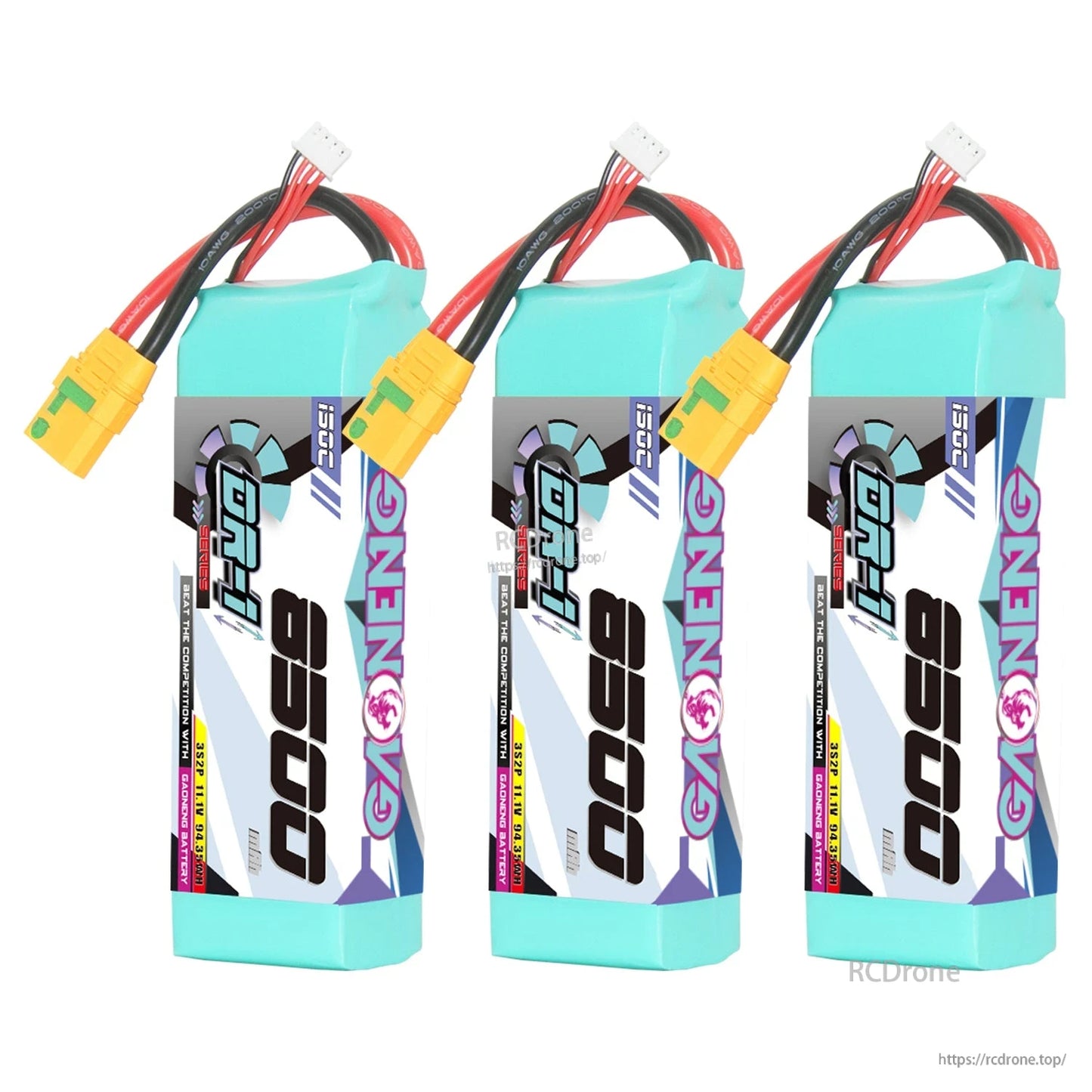 Three-pack group photo of GAONENG GNB 8500 3S LiPo batteries with XT90S anti-spark connectors