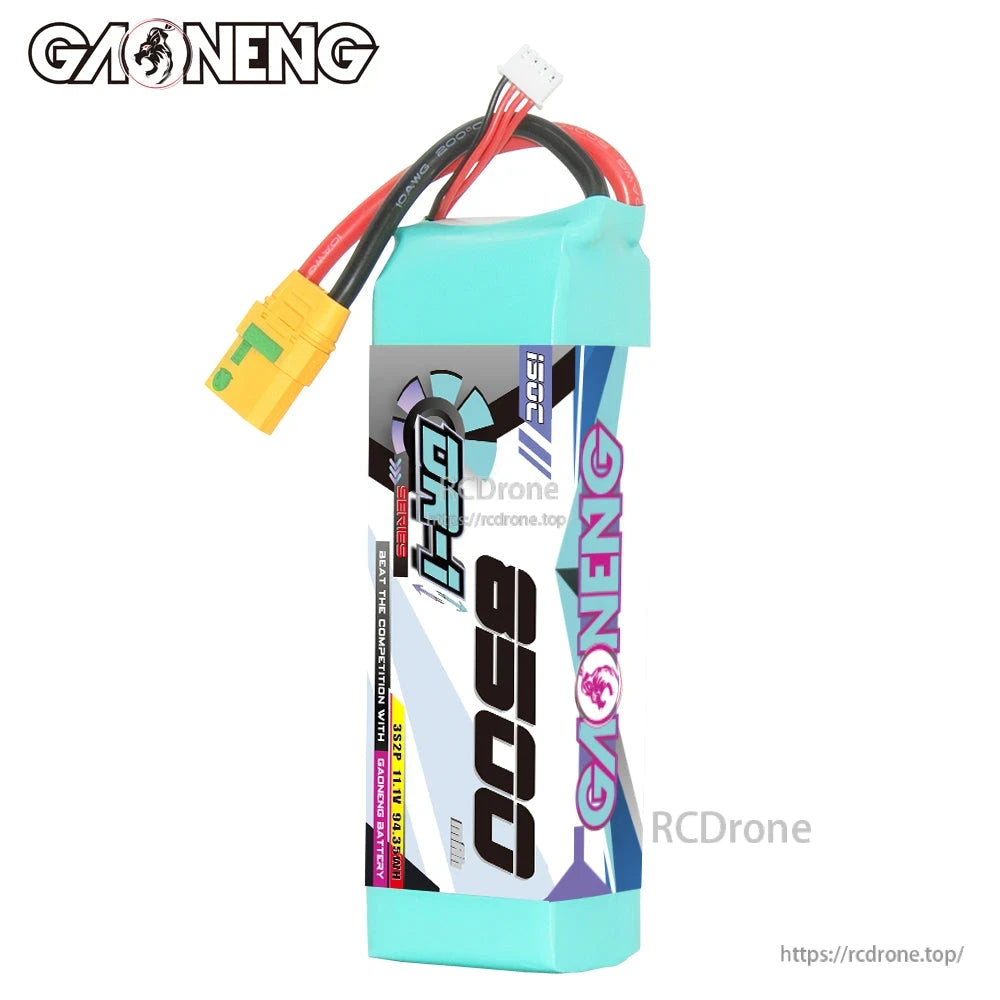 GAONENG GNB 8500 3S LiPo battery standing side view with balance plug and XT90S anti-spark lead