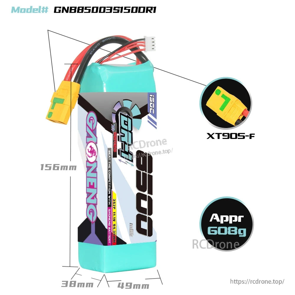GNB85003S150DR1 size diagram showing 156mm length, 49mm width, 36mm height and XT90S-F plug