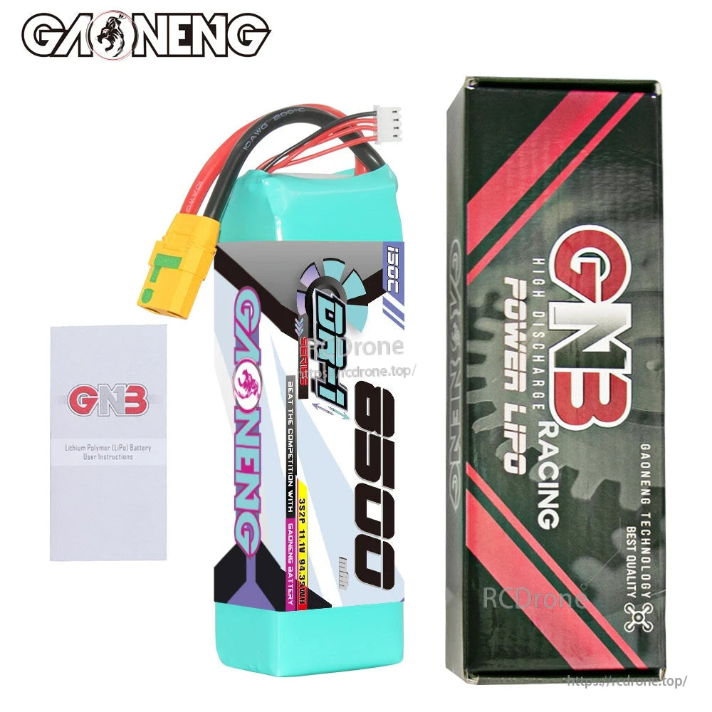 Package contents: GAONENG GNB 8500 3S LiPo battery, GNB Racing LiPo box, and user instructions card