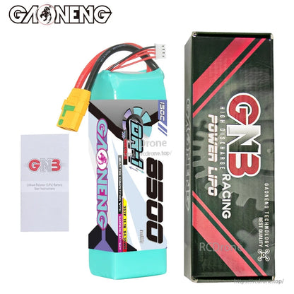 Package contents: GAONENG GNB 8500 3S LiPo battery, GNB Racing LiPo box, and user instructions card