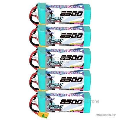 Five GNB 8500mAh 4S LiPo batteries stacked horizontally showing labels and attached leads