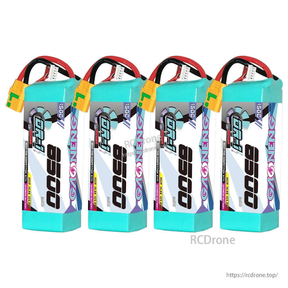 Four-pack lineup of GNB 8500 150C batteries with XT90S connectors, front label view