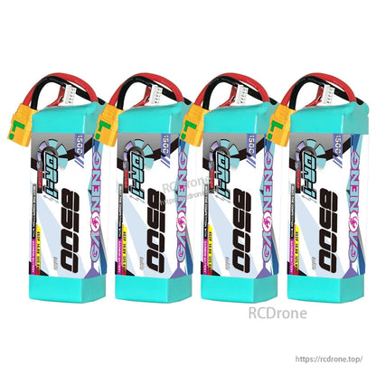 Four-pack lineup of GNB 8500 150C batteries with XT90S connectors, front label view
