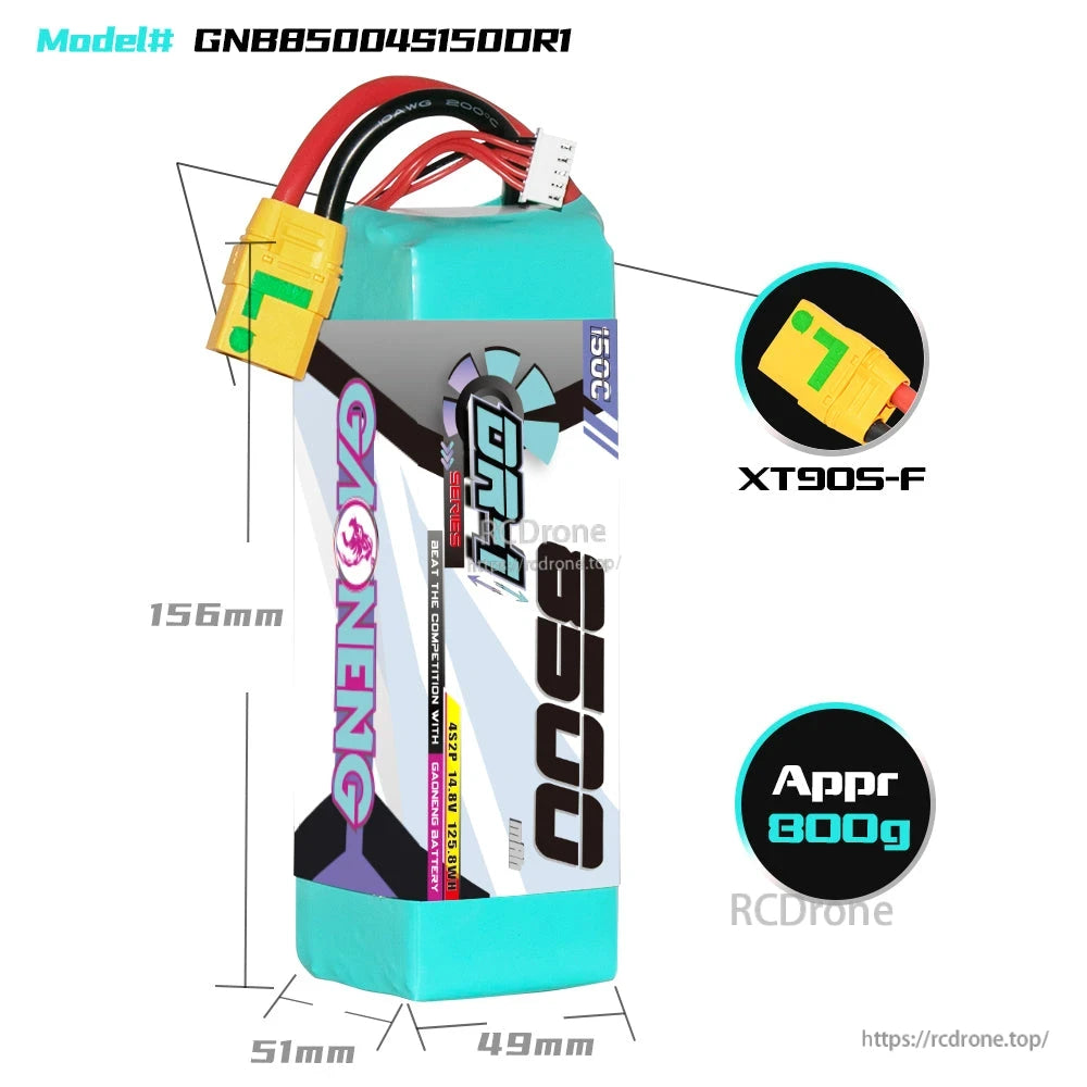 GNB85004S150DR1 battery dimensions graphic with XT90S-F plug close-up and approx 800g weight
