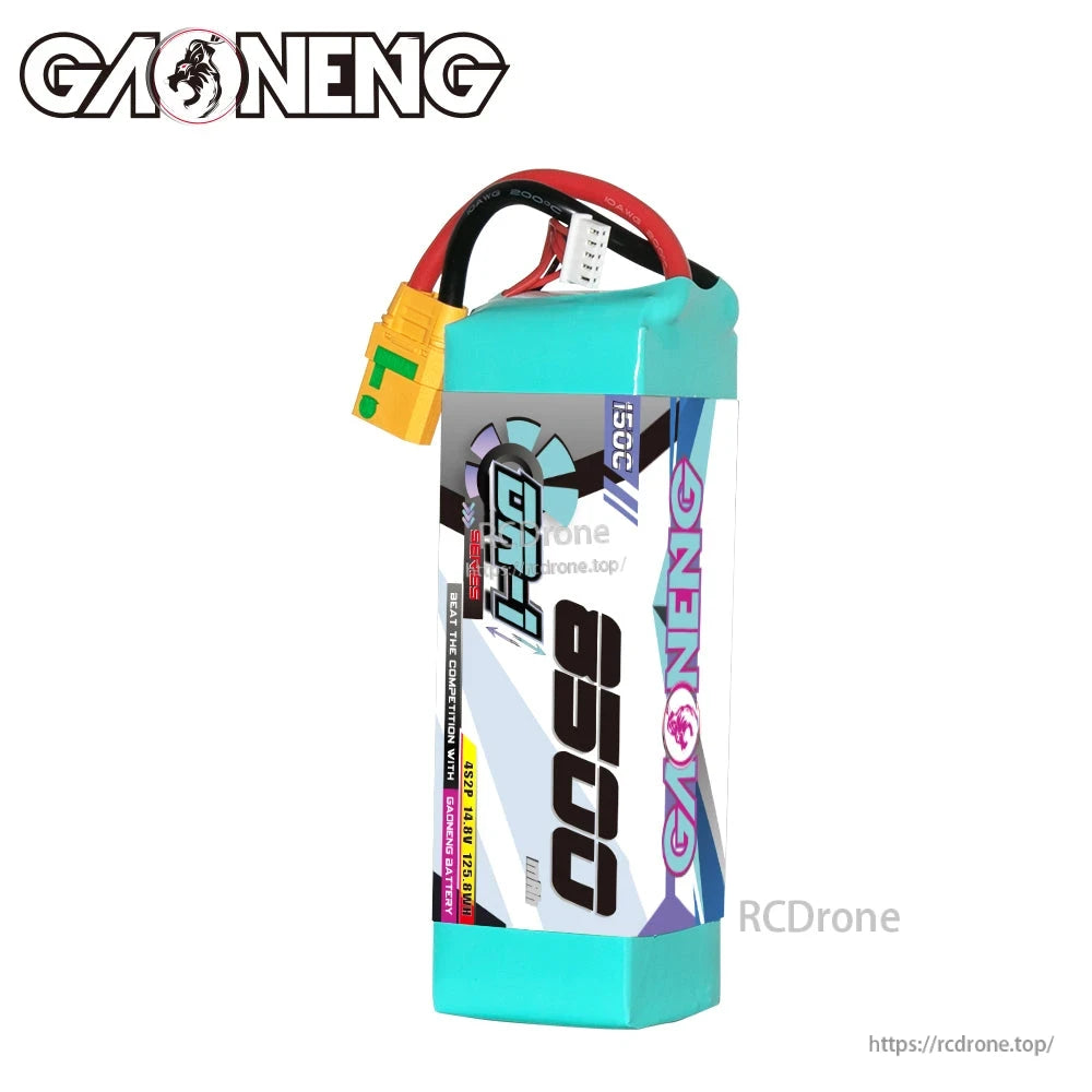 Single GNB 8500 battery upright front view showing 150C marking and attached XT90S lead