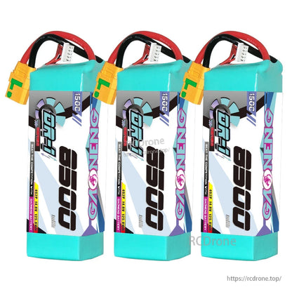 Three-pack lineup of GNB 8500 150C batteries with XT90S connectors, angled front view