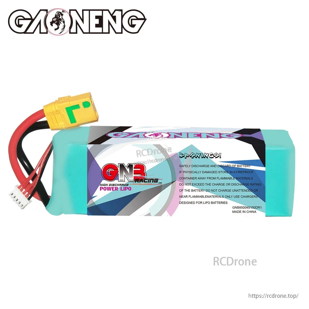 GAONENG GNB battery rear label with safety warning text, XT90S discharge lead shown
