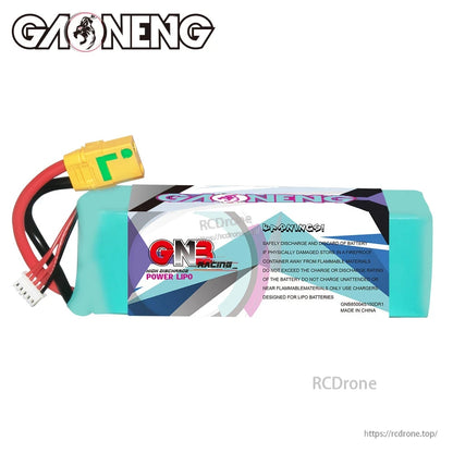 GAONENG GNB battery rear label with safety warning text, XT90S discharge lead shown